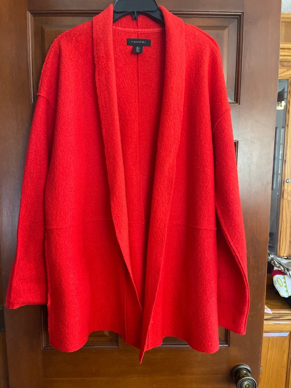Tahari Red Open Front Wool Blend Cardigan Jacket Shawl Collar Oversized Cozy L